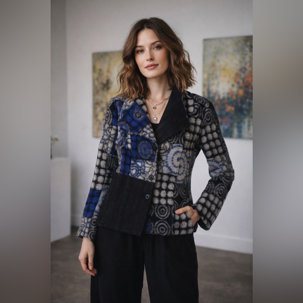 Linea Domani Patchwork Fleece Jacket Blue Black Geometric Coat M